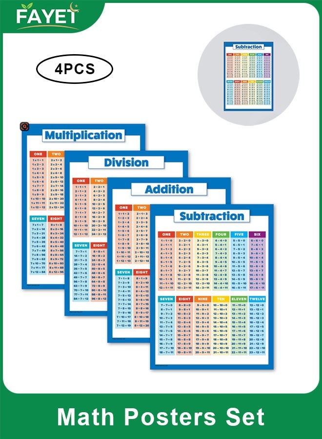 FAYET 4 Pack Laminated Educational Math Posters Set, Multiplication, Division, Subtraction, and Addition Charts for Kids, Durable Tear-Resistant Design（30x40cm） - Image 1